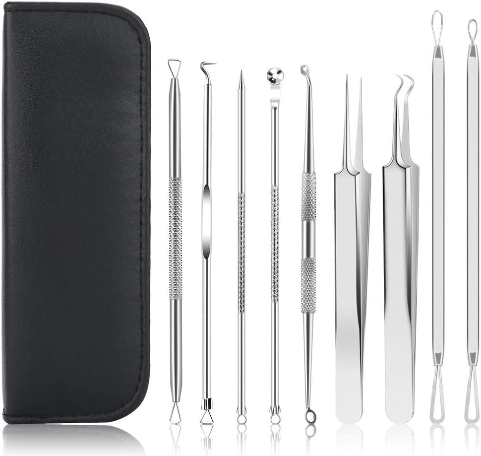 9 PCS Blackhead Remover & Pimple Popper Tool Kit with Stainless Steel Tweezers &