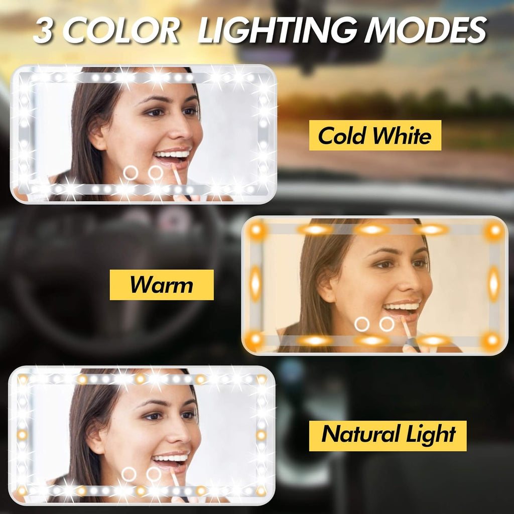Make up Mirror with LED Lights Tied to the Sun Visor the Mirror with Adjustable Light Touch Dimming USB Travel Make up Mirror(White)
