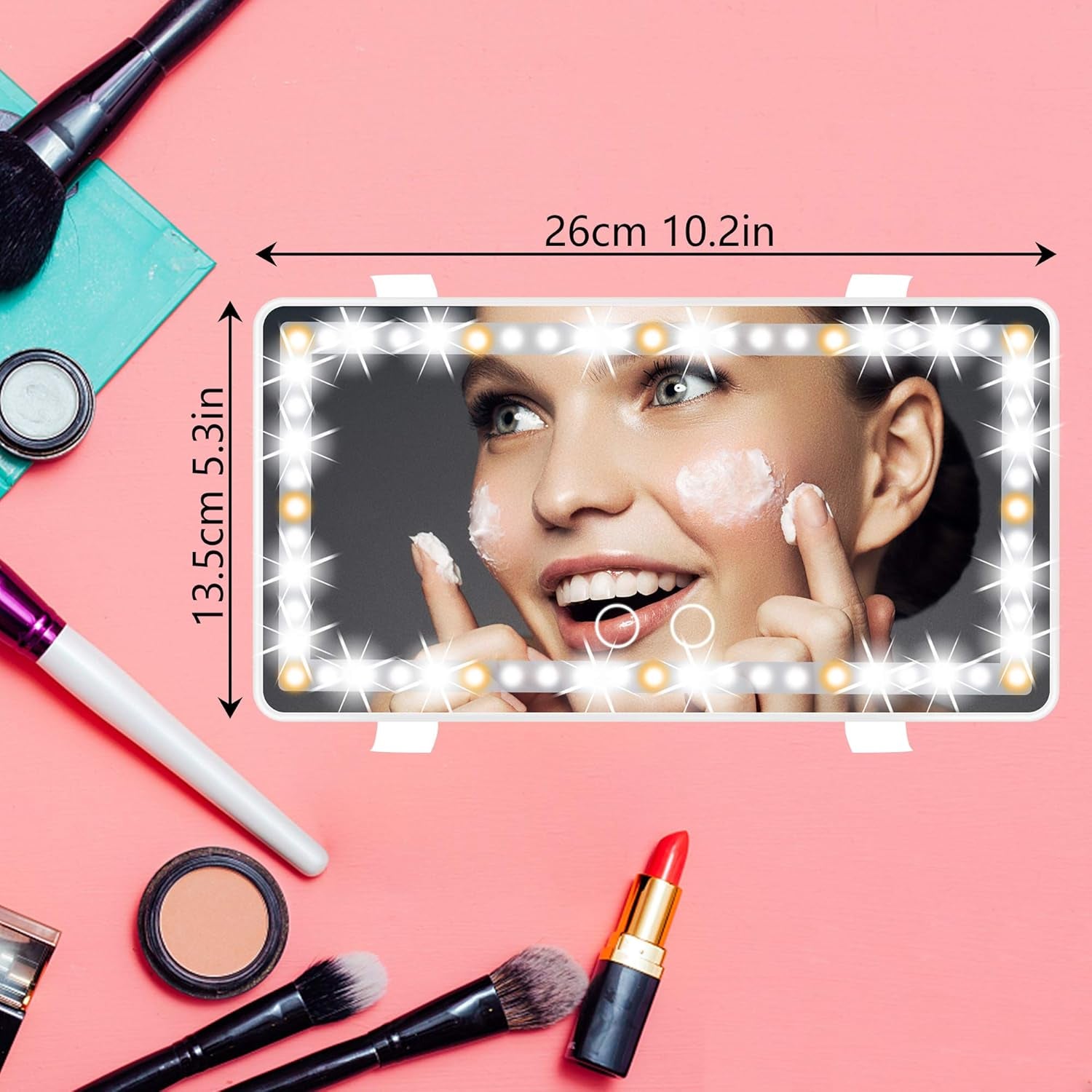Make up Mirror with LED Lights Tied to the Sun Visor the Mirror with Adjustable Light Touch Dimming USB Travel Make up Mirror(White)