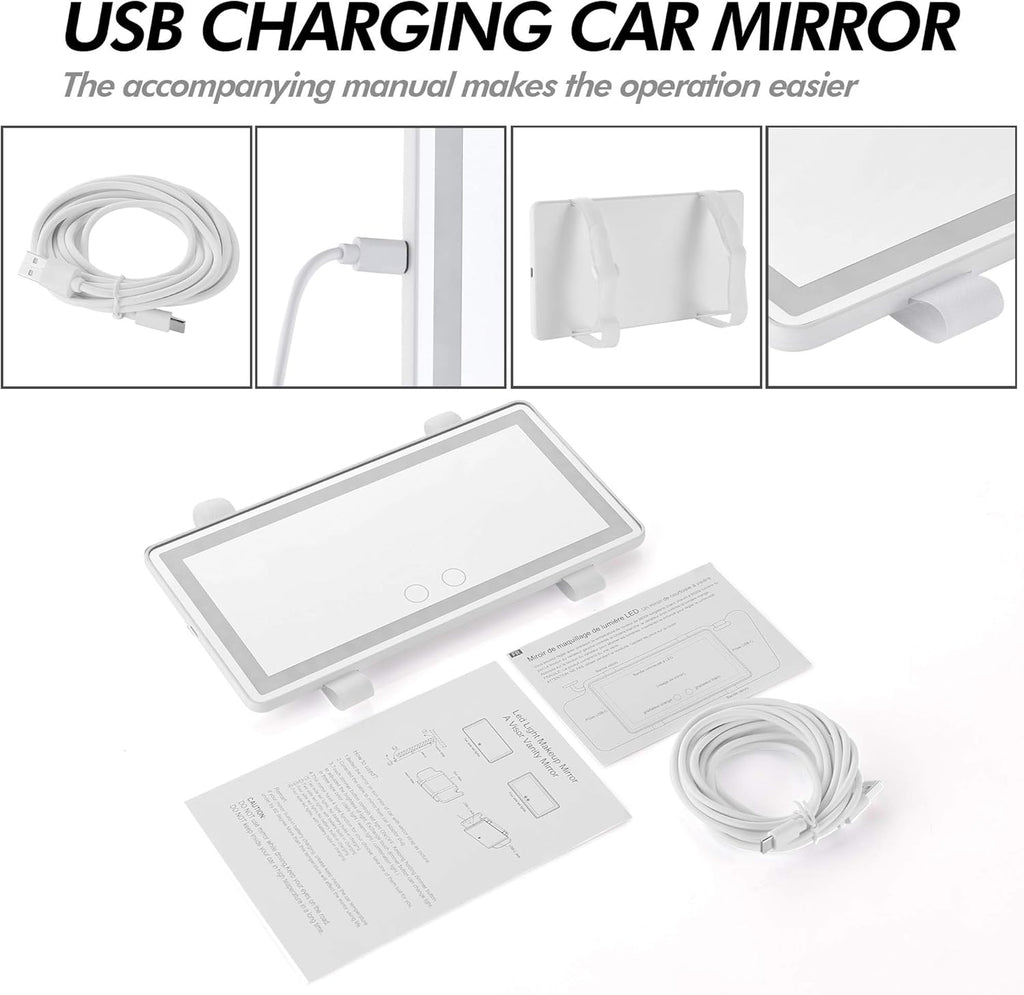 Make up Mirror with LED Lights Tied to the Sun Visor the Mirror with Adjustable Light Touch Dimming USB Travel Make up Mirror(White)