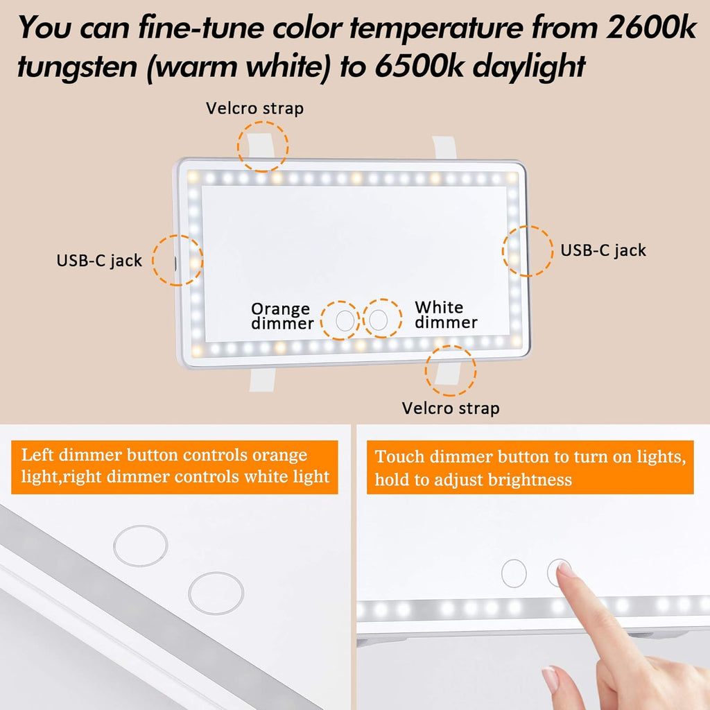 Make up Mirror with LED Lights Tied to the Sun Visor the Mirror with Adjustable Light Touch Dimming USB Travel Make up Mirror(White)