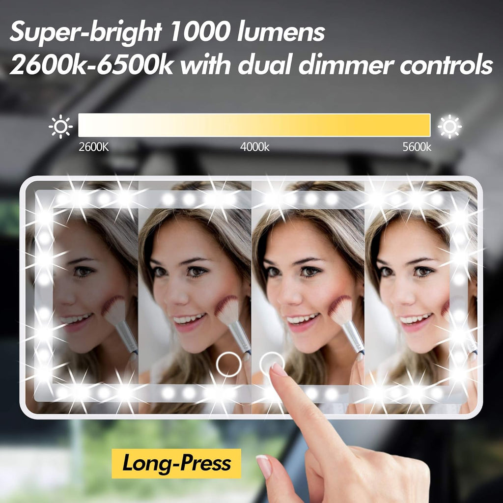 Make up Mirror with LED Lights Tied to the Sun Visor the Mirror with Adjustable Light Touch Dimming USB Travel Make up Mirror(White)