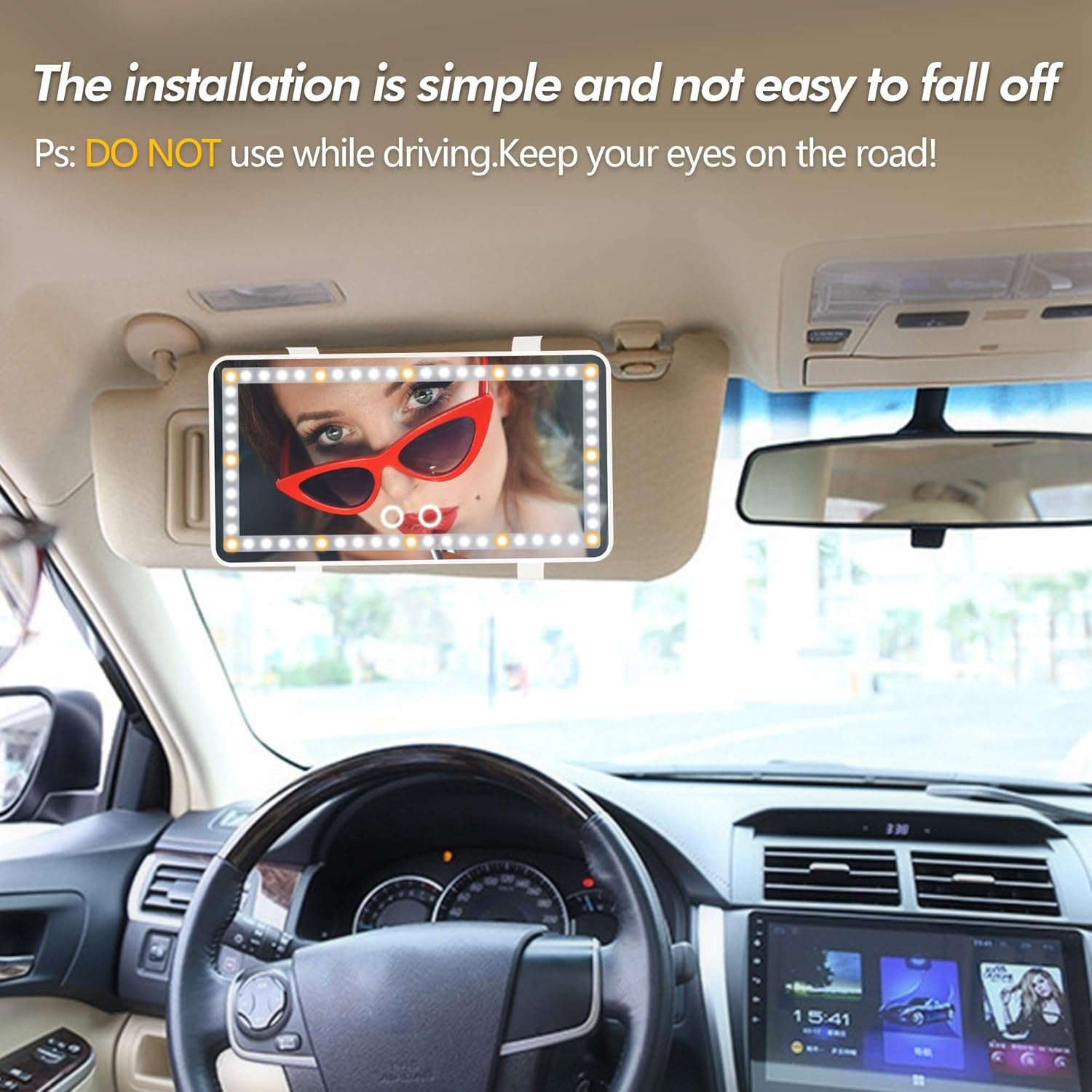 Make up Mirror with LED Lights Tied to the Sun Visor the Mirror with Adjustable Light Touch Dimming USB Travel Make up Mirror(White)