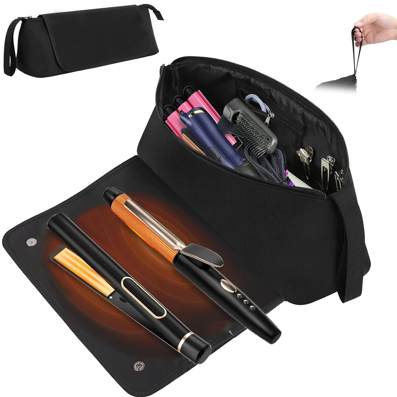Hair Tools Travel Bag Hot Tools Organizer for Women Hair Styling Accessories Organizer Case Curling Iron Straightener Flat Iron Hair Essentials Dryer Storage Pouch for New Year Day Gift Black