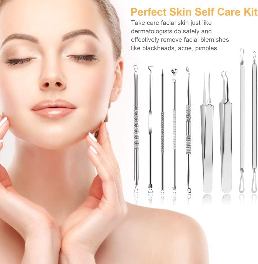 9 PCS Blackhead Remover & Pimple Popper Tool Kit with Stainless Steel Tweezers &
