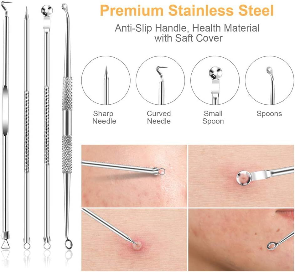 9 PCS Blackhead Remover & Pimple Popper Tool Kit with Stainless Steel Tweezers &