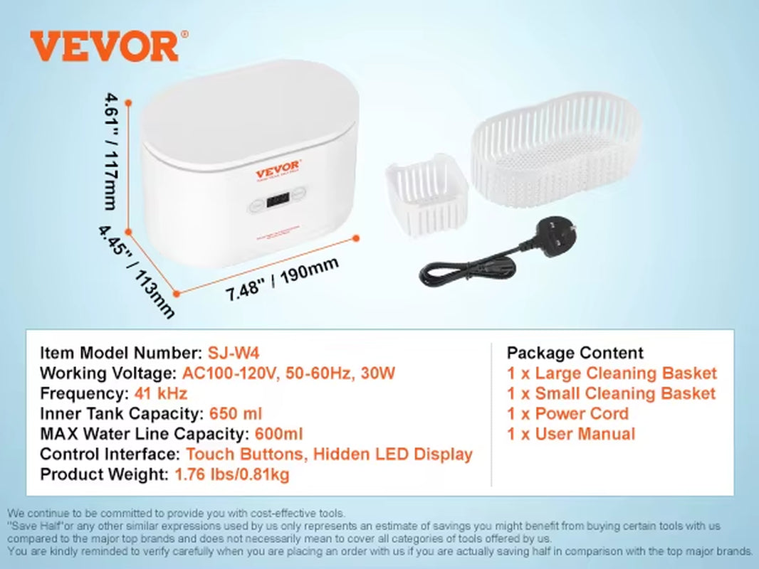 200/450/650Ml Portable Ultrasonic Cleaner Machine W/ Timer Modes Cleaning Basket for Eyeglasses Watches Dentures Rings