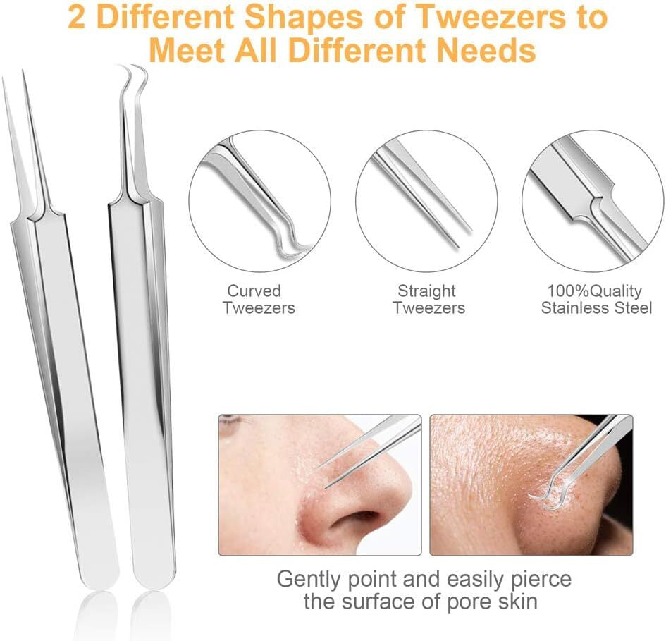 9 PCS Blackhead Remover & Pimple Popper Tool Kit with Stainless Steel Tweezers &
